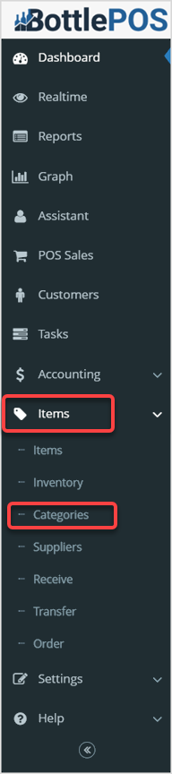 Image displaying the Items tab and the Categories subtab in the Bottle POS Admin app.