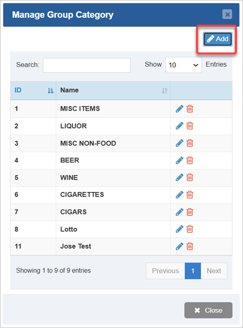 Image displaying the Manage Group Category window of the Bottle POS Admin app.