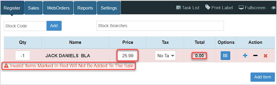 Image showing an invalid return item in the Bottle POS Register.