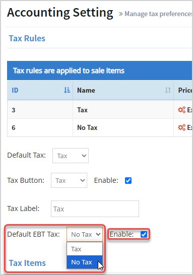 Image showing the Accounting Settings page of the Bottle POS Admin app highlighting the EBT Tax setting areas.