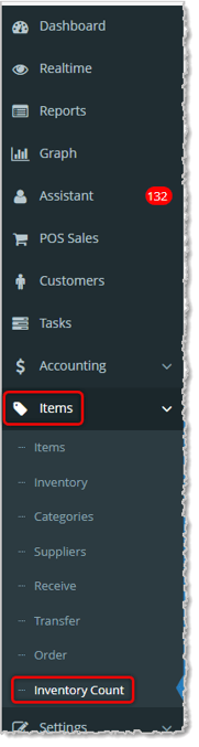Image showing the Items menu of the  system's Admin with the Inventory Count tool highlighted.