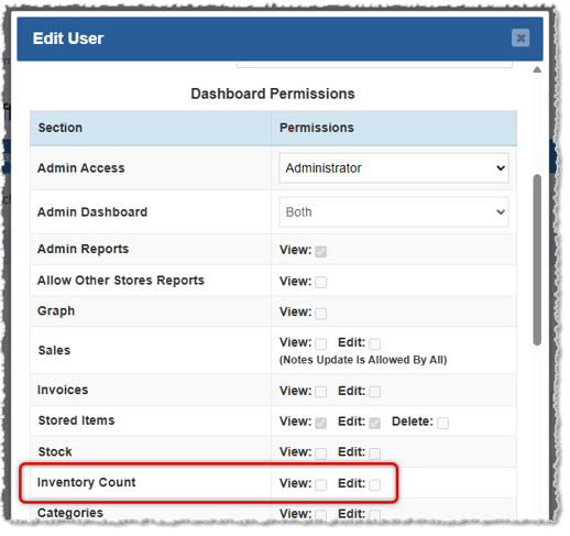 Image showing user permissions with the Inventory Count permission highlighted.