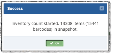 Image showing the Success popup visible after starting an Inventory Count in the  Admin.
