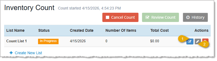 Image showing a Count List on the Inventory Count page with edit functions highlighted.