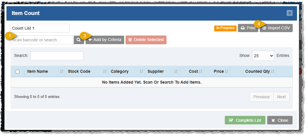 Image showing the Item Count window highlighting options for adding items.