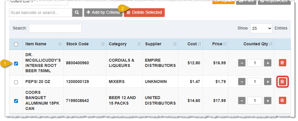 Image showing the item deletion options in the Item Count window of the Inventory Counting tool of the  system's Admin.