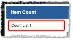 Image showing the list name field in the Item Count window of the Inventory Counting tool of the  system's Admin.