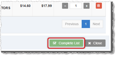 Image showing the Complete List button in the Item Count window of the Inventory Counting tool of the  system's Admin.