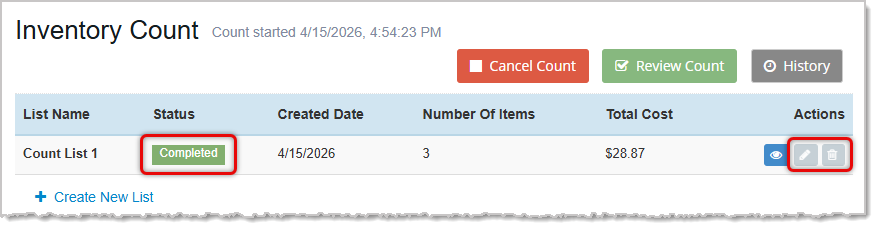 Image showing aCount List in the Completed status in the Inventory Counting tool of the  system's Admin.