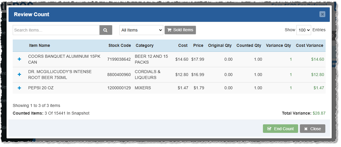 Image showing the Review Count window of the Inventory Counting tool of the  system's Admin.