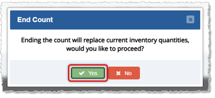 Image asking for confirmation of count list completion for the Inventory Count tool.