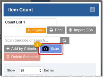 Image showing the Scan button in the mobile version of the Item Count page.