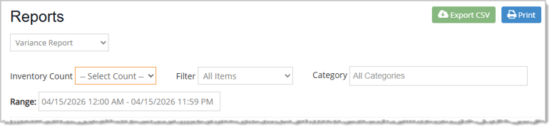 Image showing the Variance Report of the  system's Reports page in the Admin.