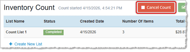 Image showing the Cancel Count button of the Inventory Count page in the  system's Admin.