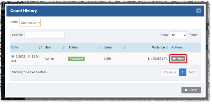 Image showing the Count History window of the Inventory Count page in the  system's Admin.