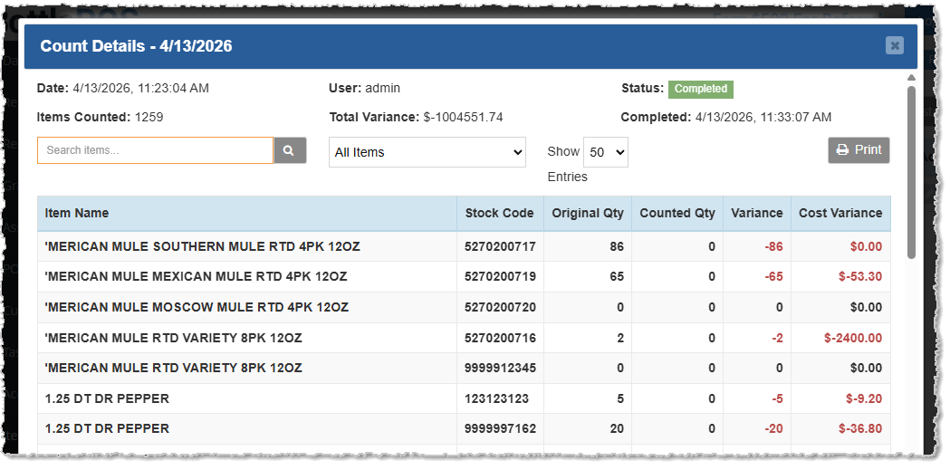 Image showing the Item Count details from the Count History window of the Inventory Count page in the  system's Admin.