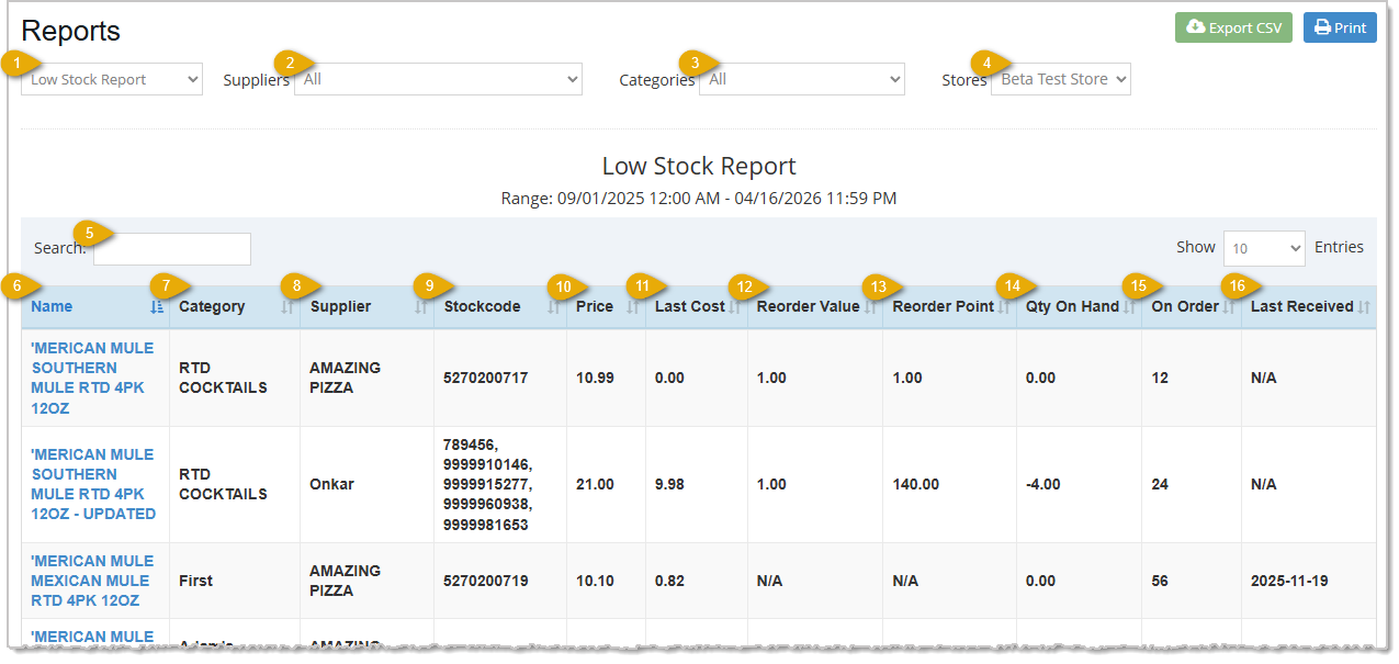 Image showing the Low Stock report from the Admin Reports area of the  system Admin..
