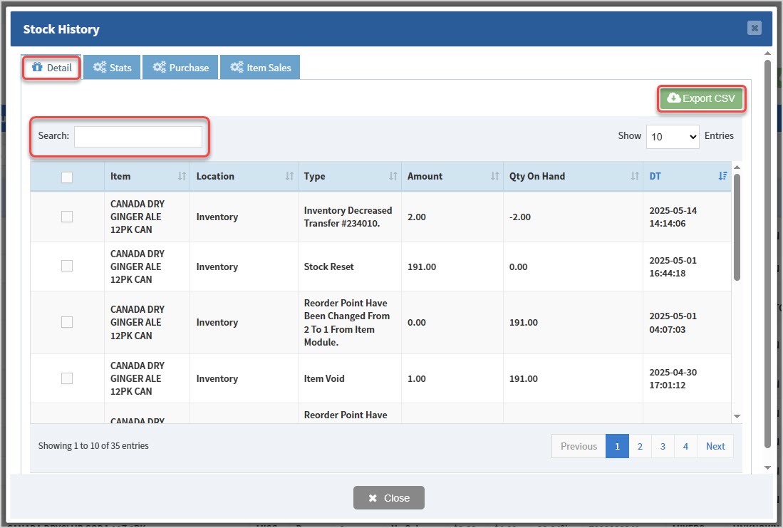 Image showing the Details tab of the Stock History window of the Items page of the BottlePOS Admin with key features highlighted.