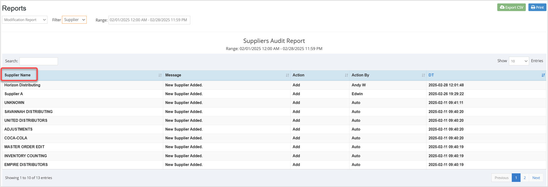 Image displaying the Modification Report of the Bottle POS Admin app filtered by Supplier modifications.