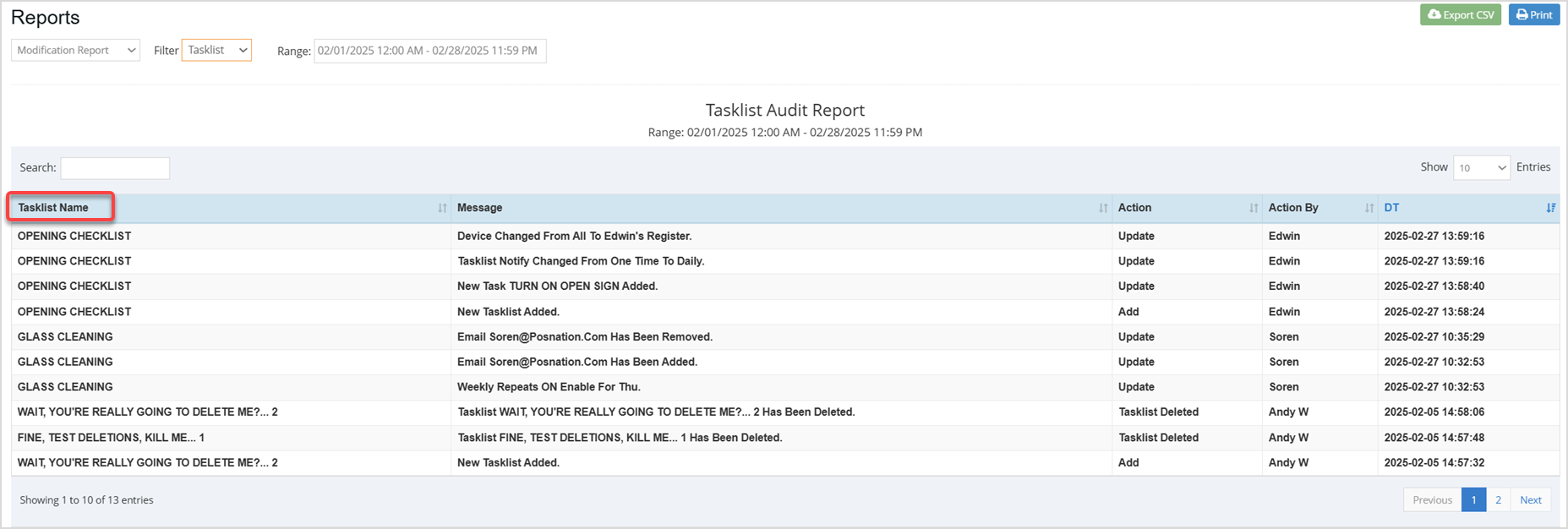 Image displaying the Modification Report of the Bottle POS Admin app filtered by Task modifications.