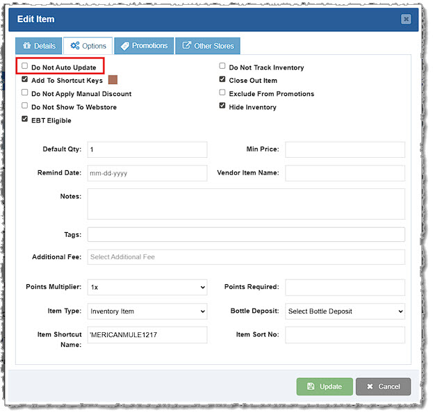 Image showing the Do Not Auto Update option for products in the Bottle POS POS Edit Product window.