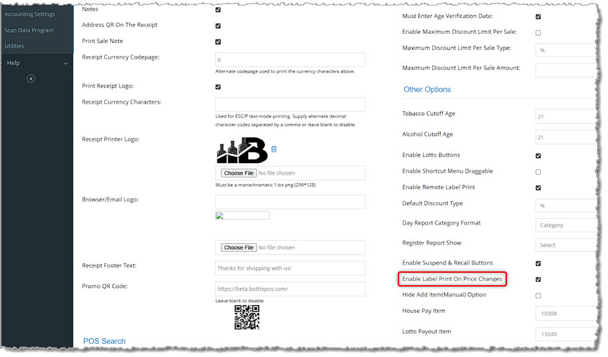 Image showing the Enable Print on Price Changes setting in the Other Options section of the POS Settings page of the Bottle POS Admin.