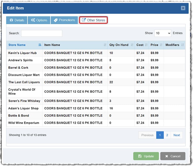 Image showing the Other Stores tab of the Edit Item window of the Bottle POS system Admin.