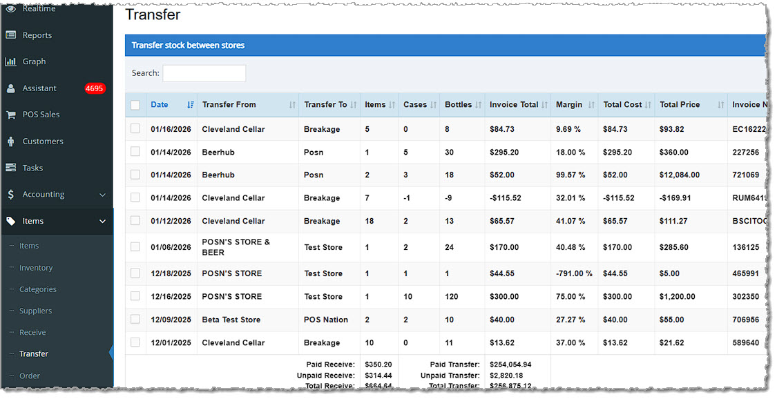 Image showing the Transfers page of the Items area of the Bottle POS system's Admin.