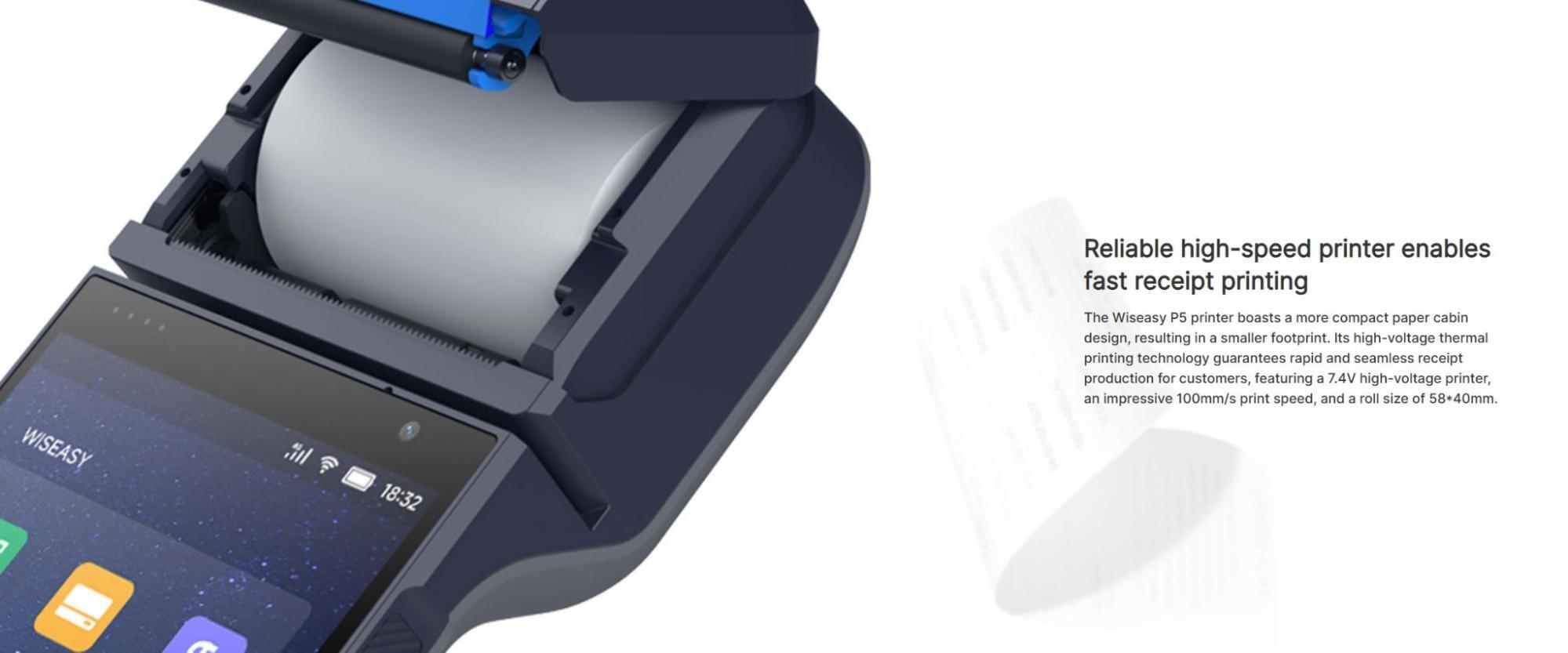 Image showing thermal printer of the Wiseasy P5 credit card reader. Source: wiseasy.com