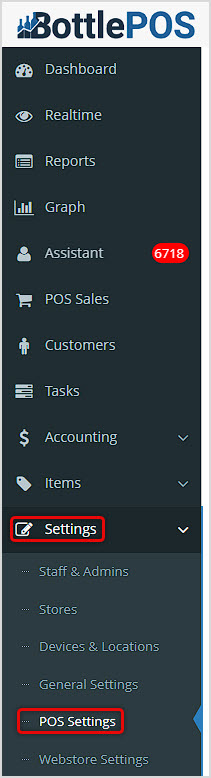 Image showing the POS Settings page of the Bottle POS Admin main menu.