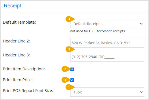 Image showing the upper part of the Receipt section of the POS Settings page of the Bottle POS Admin with settings highlighted.