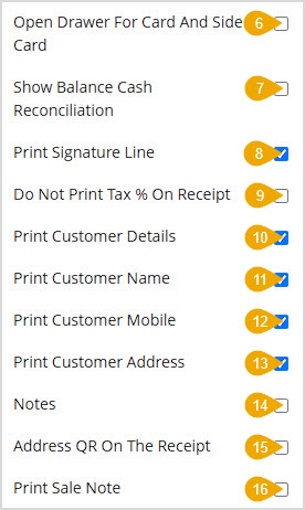 Image showing the middle part of the Receipt section of the POS Settings page of the Bottle POS Admin with settings highlighted.