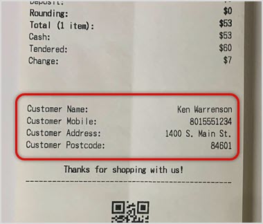 Image showing a receipt from the Bottle POS Register with customer information highlighted.