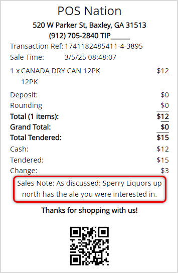 Image showing a Receipt from the Bottle POS Register with a Sales Note highlighted.