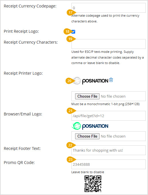 Image showing the lower part of the Receipt section of the POS Settings page of the Bottle POS Admin with key features highlighted.