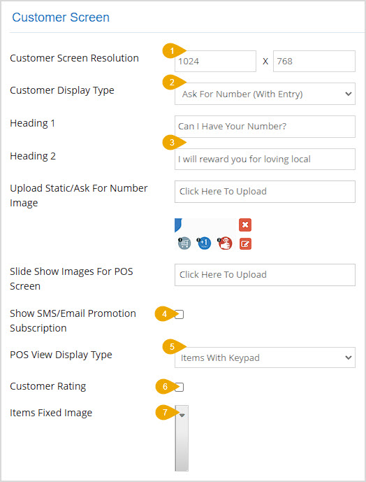 Image showing the Customer Screen section of the POS Settings page of the Bottle POS Admin with key features highlighted.