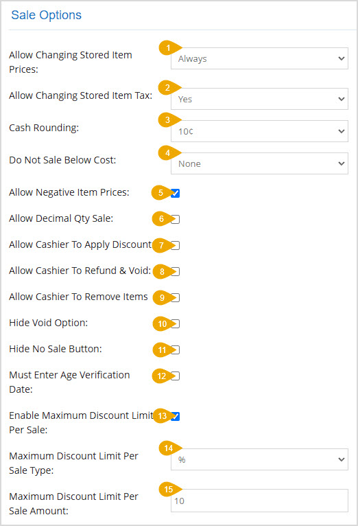 Image showing the Sale Options section of the POS Settings page of the Bottle POS Admin.