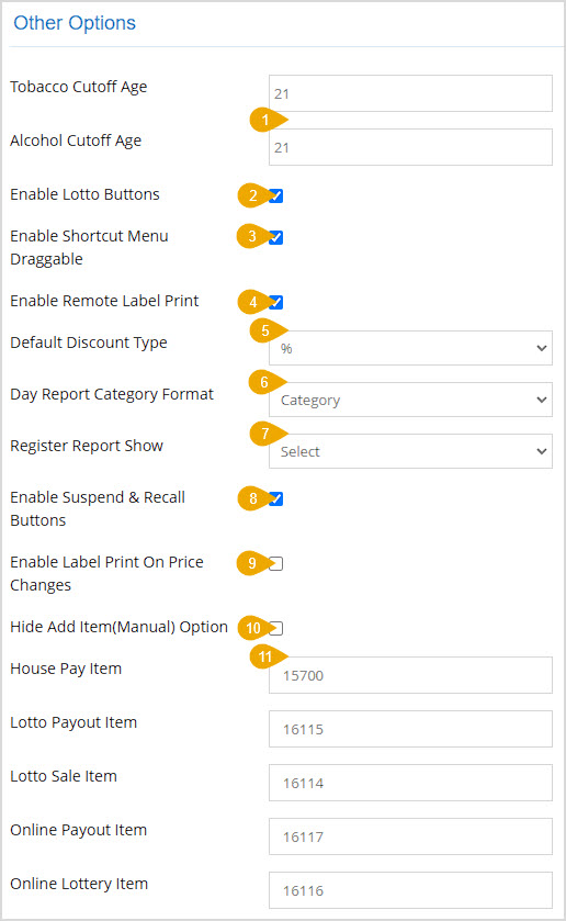Image showing the Other Options section of the POS Settings page of the Bottle POS Admin.