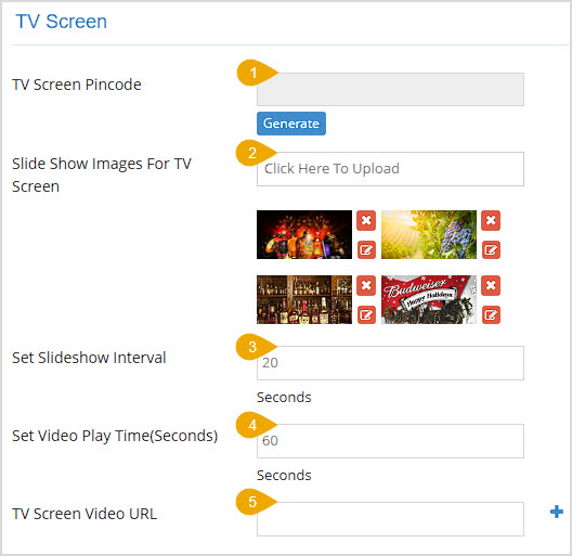 Image showing the TV Screen section of the POS Settings page of the Bottle POS Admin.