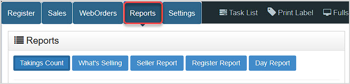Image showing the upper area of Bottle POS app with the Reports tab highlighted.