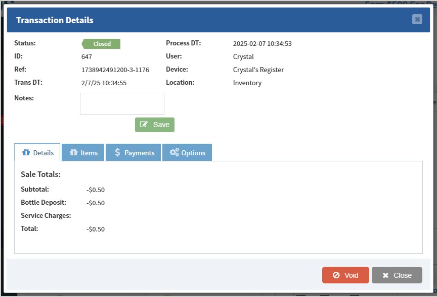 Image showing the Transaction Details window from the Realtime page of the Bottle POS Admin.
