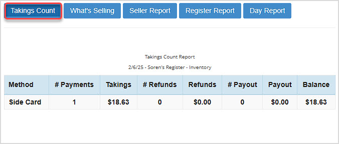 Image showing the Takings Count report of the Bottle POS app.
