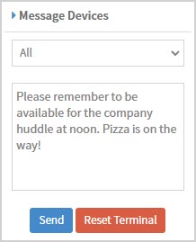 Image showing the Message Devices window from the Realtime page of the Bottle POS Admin.