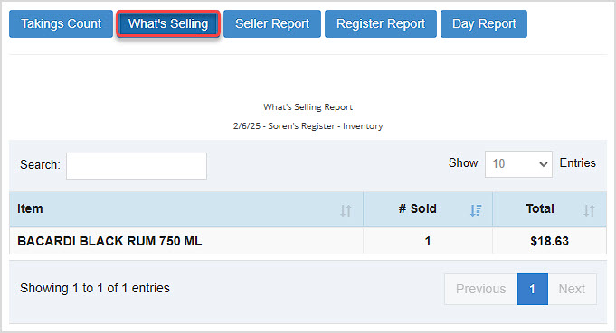 Image showing the What's Selling report of the Bottle POS app.