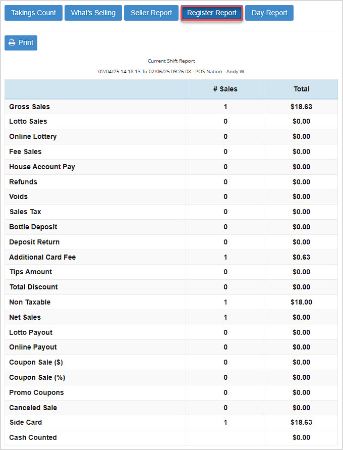 Image showing the Register Report of the Bottle POS app.