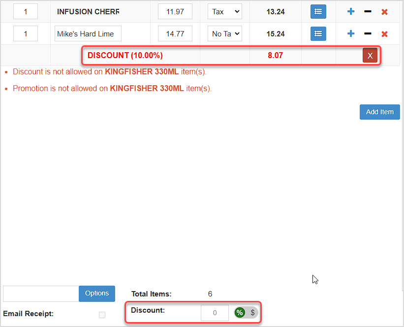 Image showing the BottlePOS Register with a 10% discount applied to items and the discount functions highlighted.