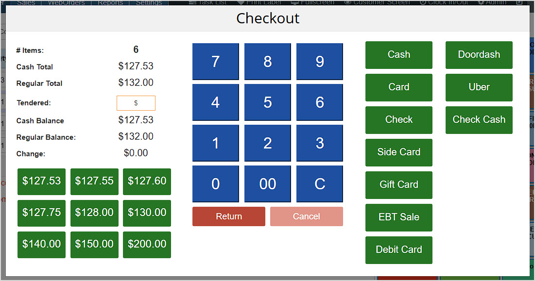 Image showing the Checkout window of the BottlePOS Register that allows the cashier to specify payment amounts and tender types for transaction completion.
