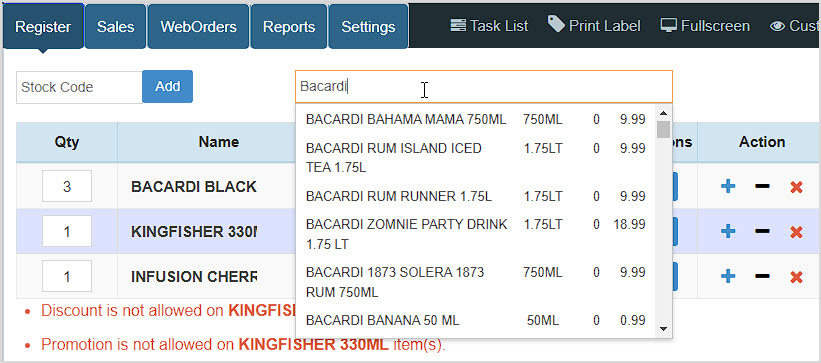 Image of the BottlePOS Register highlighting the search areas at the top and the item Shortcut keys in the upper right.
