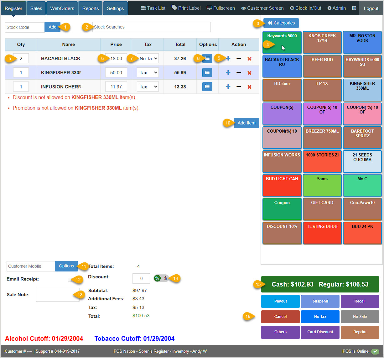 Image showing the Item Search in the Bottle POS Register with matching search results the user can add to the transaction.