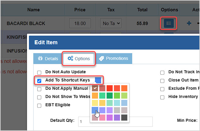 Image showing the Categories view of the BottlePOS Register shortcut keys area.